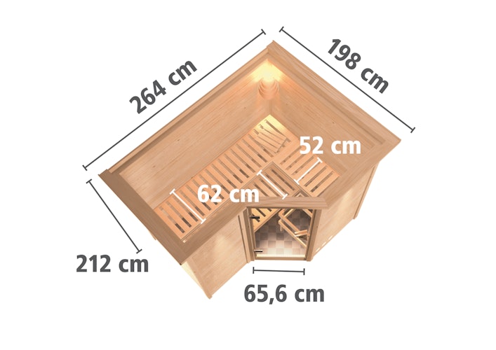 Karibu Sauna Sahib 2-Massivholzsauna 38 mm -Eckeinstieg - Exklusivoptik inkl. gratis Saunaofen im Wert von 599,99 €