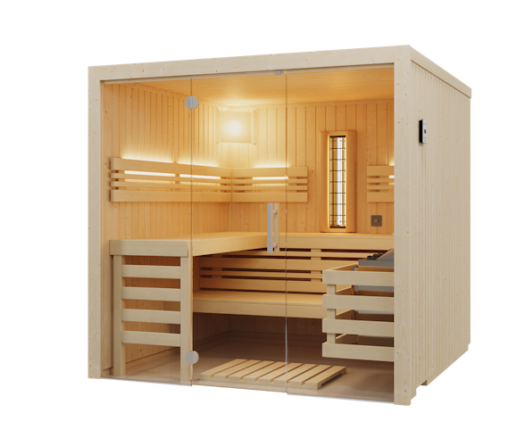 Infraworld Sauna Panorama Complete 208 Fichte - 75 mm Multifunktionssauna inkl. 5-teiligem gratis Zubehörset