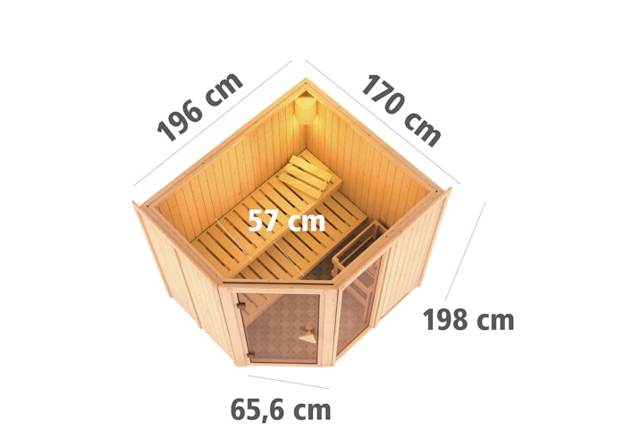 Karibu Sauna Fiona 2 mit Eckeinstieg 68 mm inkl. gratis Saunaofen im Wert von 599,99 €