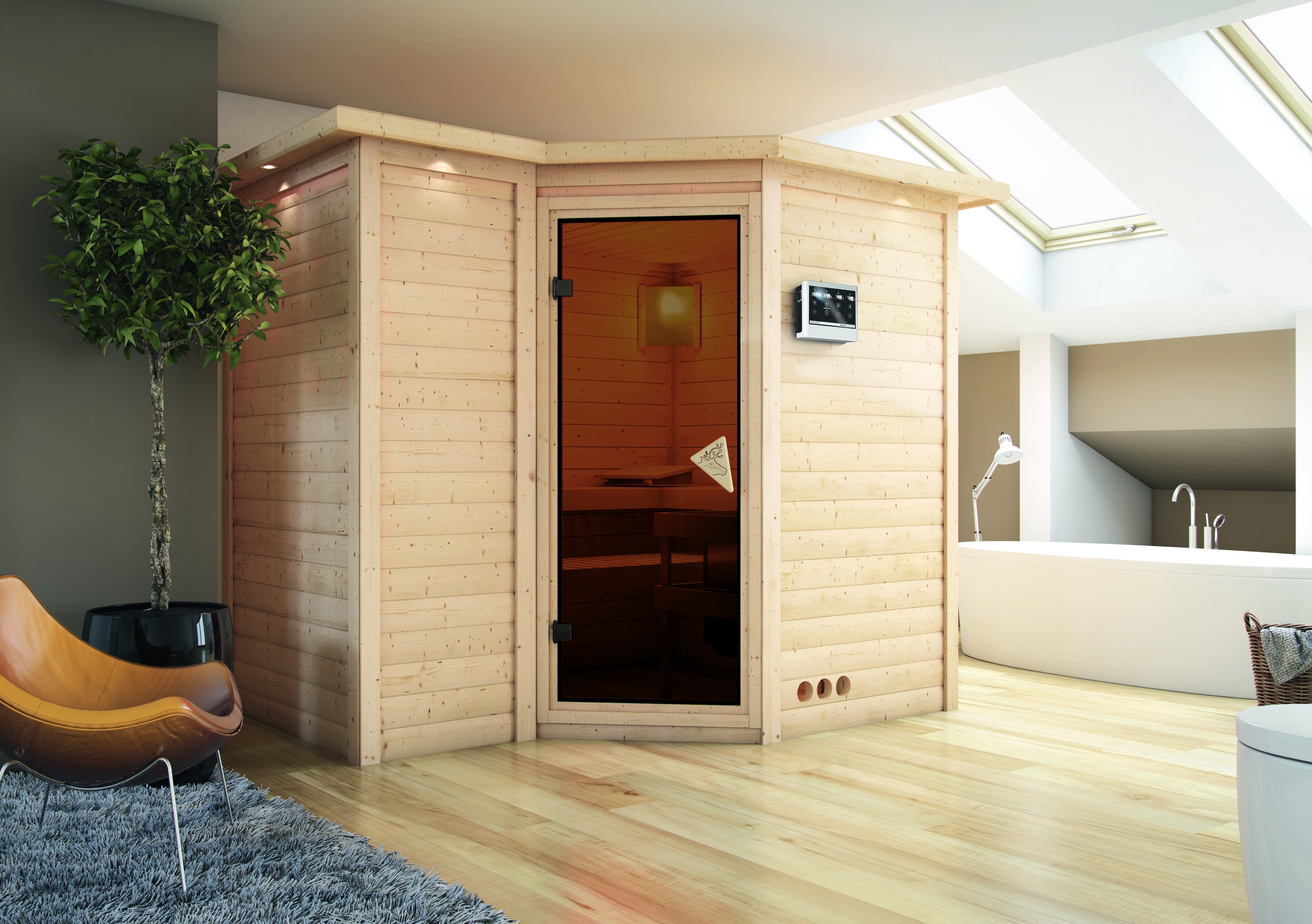 Karibu Sauna Sahib 2-Massivholzsauna 38 mm -Eckeinstieg - Exklusivoptik inkl. 5-teiligem Gratis-Zubehörpaket im Wert von 100 €