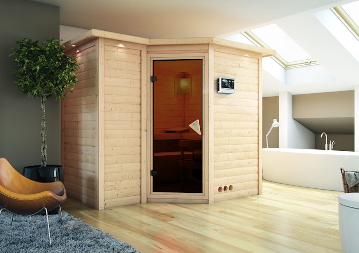 Karibu Sauna Sahib 2-Massivholzsauna 38 mm -Eckeinstieg - Exklusivoptik inkl. gratis Saunaofen im Wert von 599,99 €