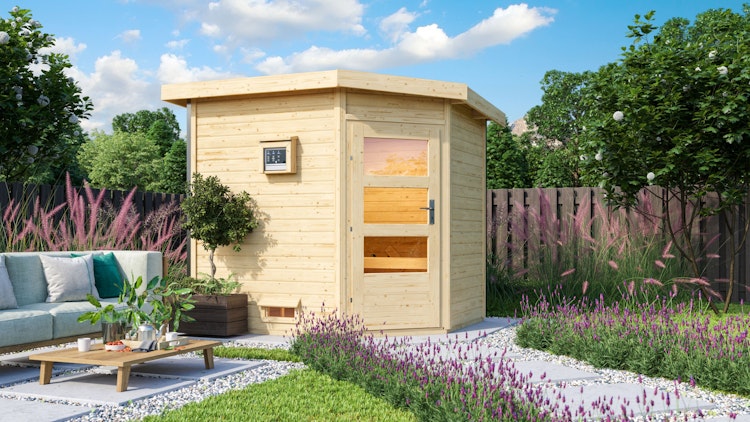 Karibu Gartensauna Pultdach Saunahaus Mikka mit Eckeinstieg naturbelassen inkl. gratis Saunaofen im Wert von 599,99 €