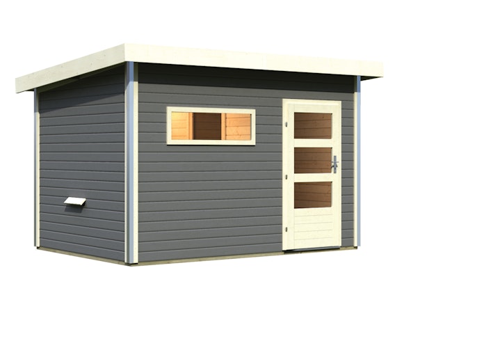 Karibu Saunahaus Skrollan 2 mit Vorraum terragrau inkl. gratis Saunaofen im Wert von 599,99 €