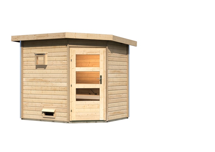 Karibu Gartensauna Pultdach Saunahaus Mikka mit Eckeinstieg naturbelassen inkl. gratis Saunaofen im Wert von 599,99 €