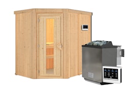 Karibu Sauna Carin mit Eckeinstieg 68 mm-9 kW Bio-Kombiofen inkl. Steuergerät-ohne Dachkranz- Energiesparende Saunatür