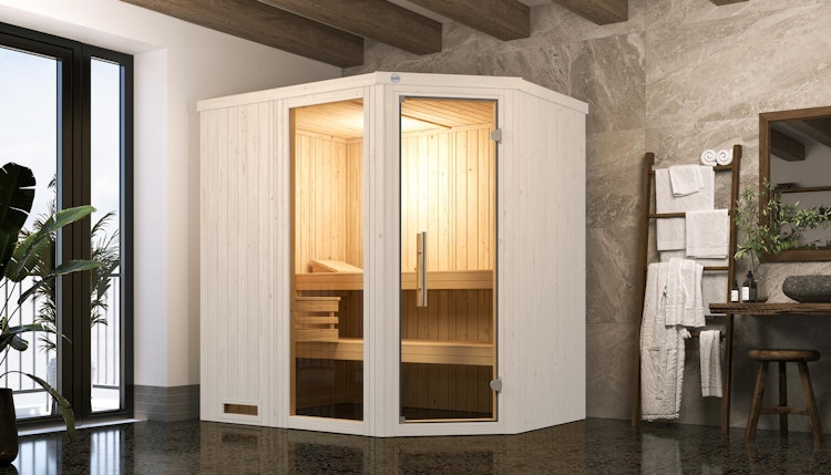 Weka Elementsauna Varberg 1 Trend mit Eckeinstieg & weiß lasierten Fronten - 68 mm