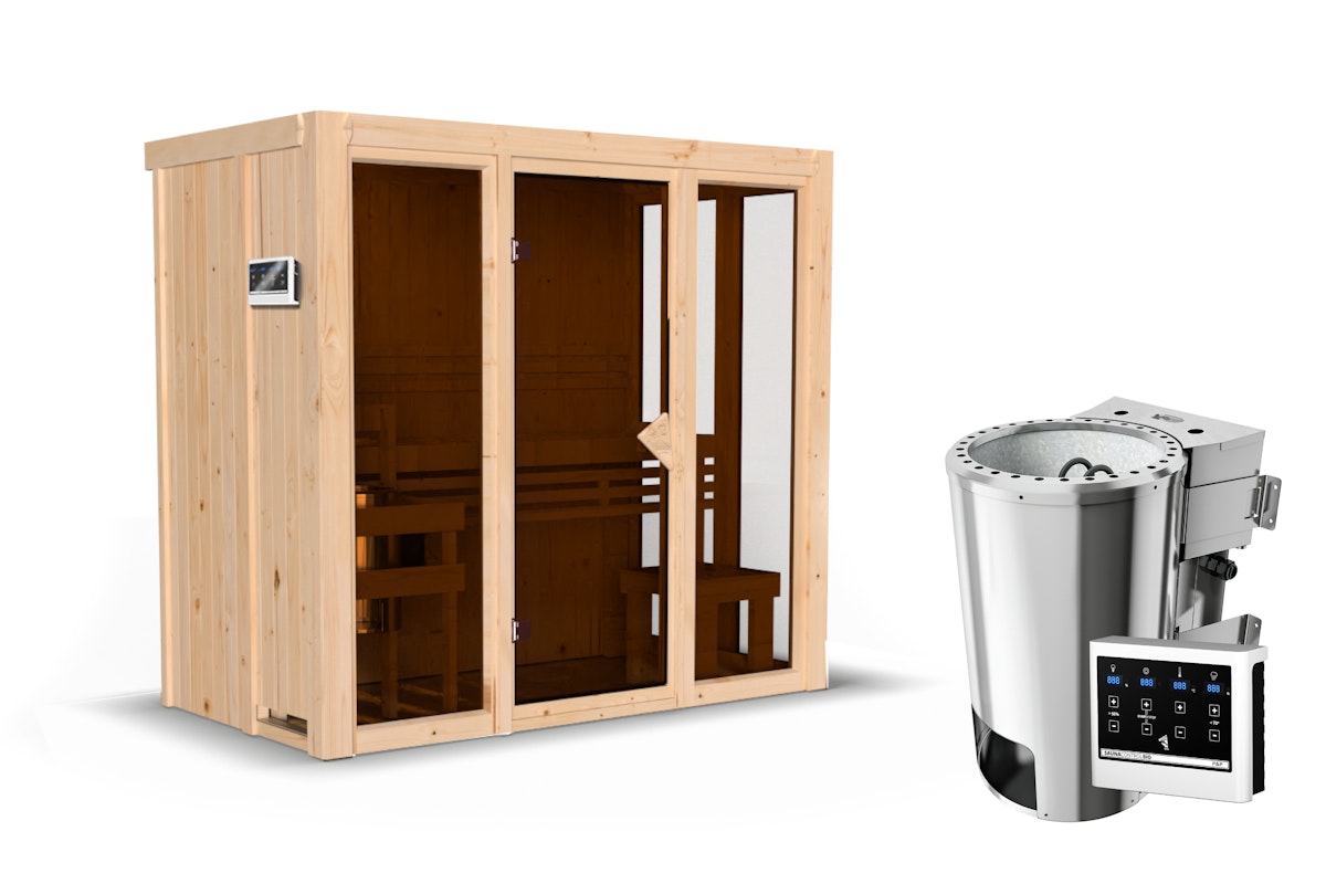 Karibu Sauna Irava 2 - 68 mm Systemsauna - 230 Volt Plug & Play Bronzierte Ganzglastür Ohne Dachkranz 3,6 kW Plug&Play Bio-Kombiofen externer Steuerung Easy