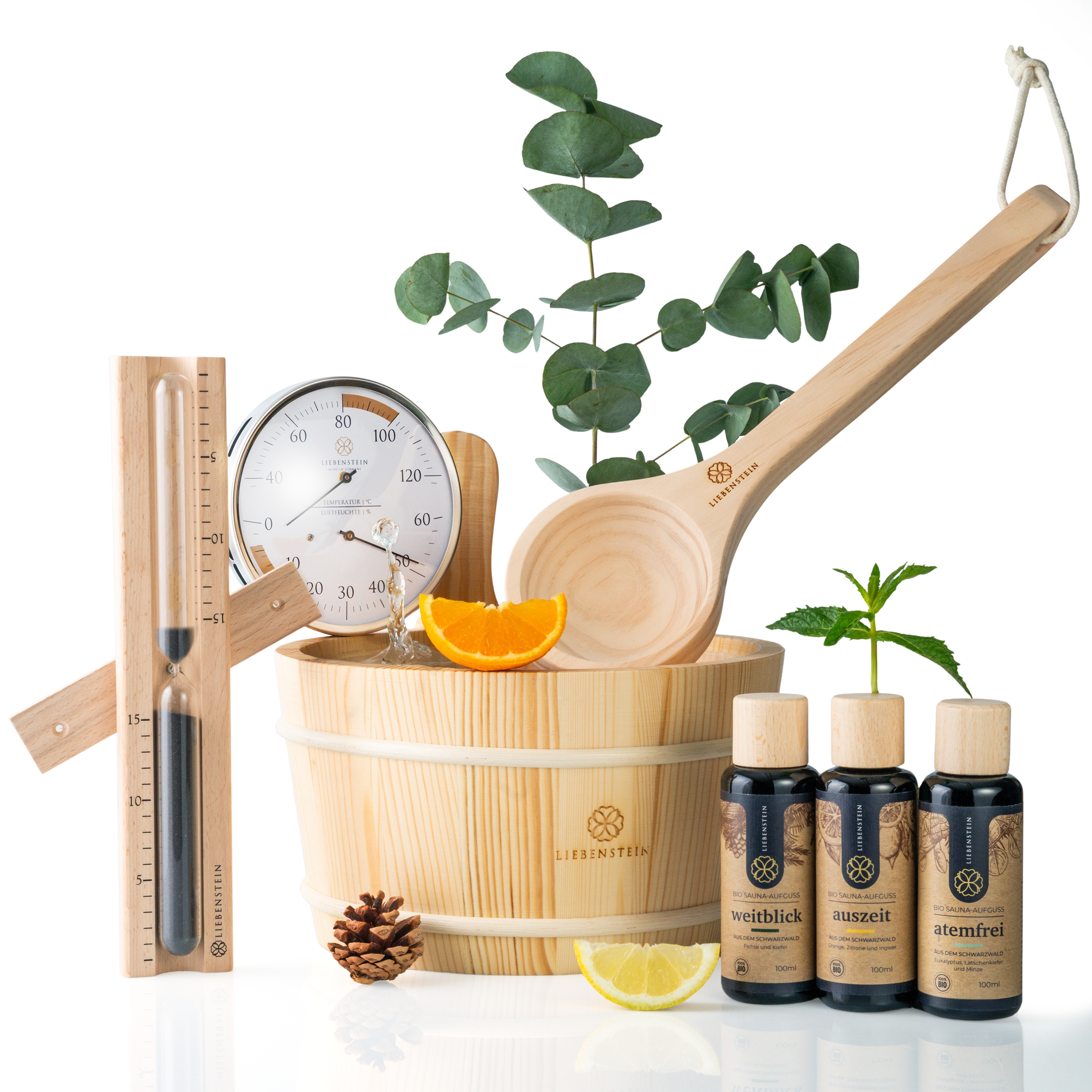 Liebenstein 7-teiliges Premium-Komplettset – Kiefernholz Saunaeimer mit Kelle, 3 x Sauna-Aufguss, Sanduhr & Hygro-/Thermometer