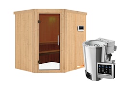 Karibu Sauna Lilja - 68 mm Systemsauna - 230 Volt Plug & Play-3,6kW Plug&Play Bio-Kombiofen externer Steuerung Easy-Ohne Dachkranz-Ganzglastür in Graphit-Optik