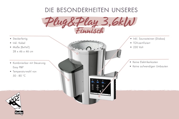Karibu Saunaofen 3,6 kW Plug & Play finnisch mit externer Steuerung Easy schwarz