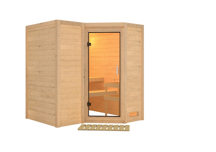 Karibu Sauna Sahib 1-Massivholzsauna 38 mm-Fronteinstieg -Exklusivoptik inkl. gratis Saunaofen im Wert von 599,99 €