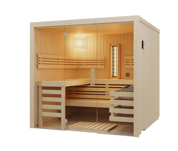 Infraworld Sauna Panorama Complete 208 Fichte - 75 mm Multifunktionssauna inkl. 5-teiligem gratis Zubehörset