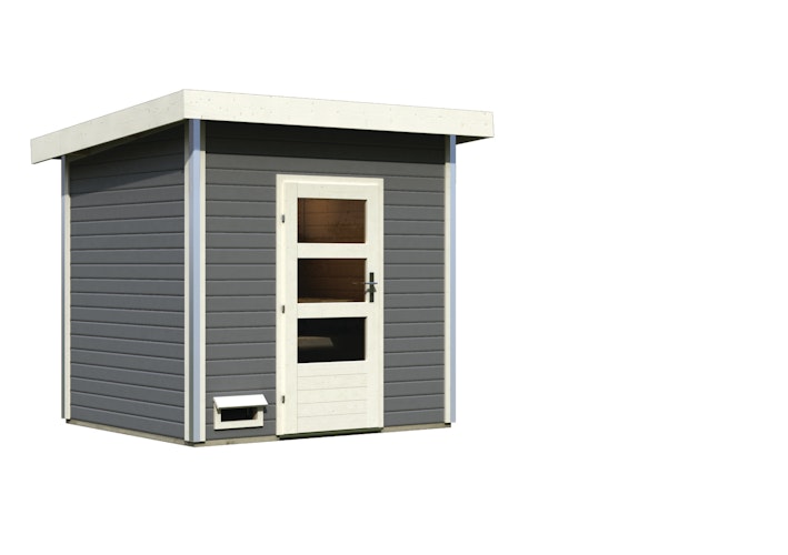 Karibu Gartensauna Pultdach Saunahaus Norge terragrau inkl. gratis Saunaofen im Wert von 599,99 €