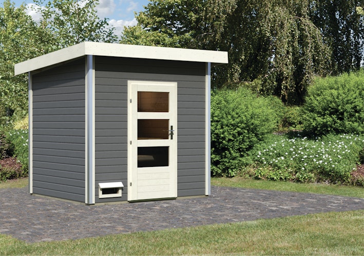 Karibu Gartensauna Pultdach Saunahaus Norge terragrau inkl. gratis Saunaofen im Wert von 599,99 €