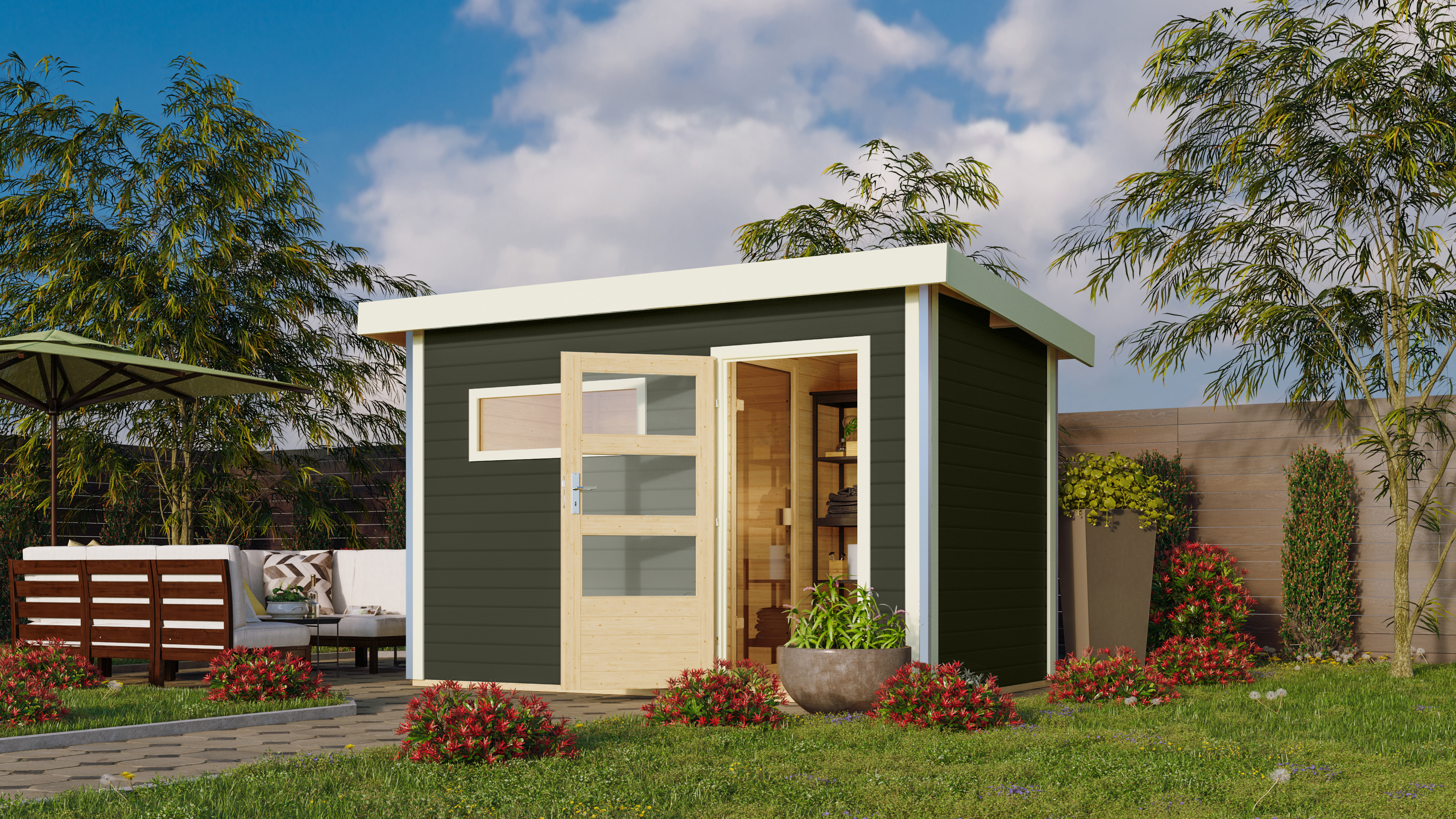 Karibu Gartensauna Pultdach Saunahaus Skrollan 1 mit Vorraum terragrau inkl. 5-teiligem Gratis-Zubehörpaket im Wert von 100 €