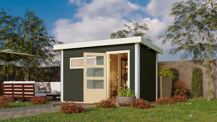 Karibu Gartensauna Pultdach Saunahaus Skrollan 1 mit Vorraum terragrau inkl. gratis Saunaofen im Wert von 599,99 €