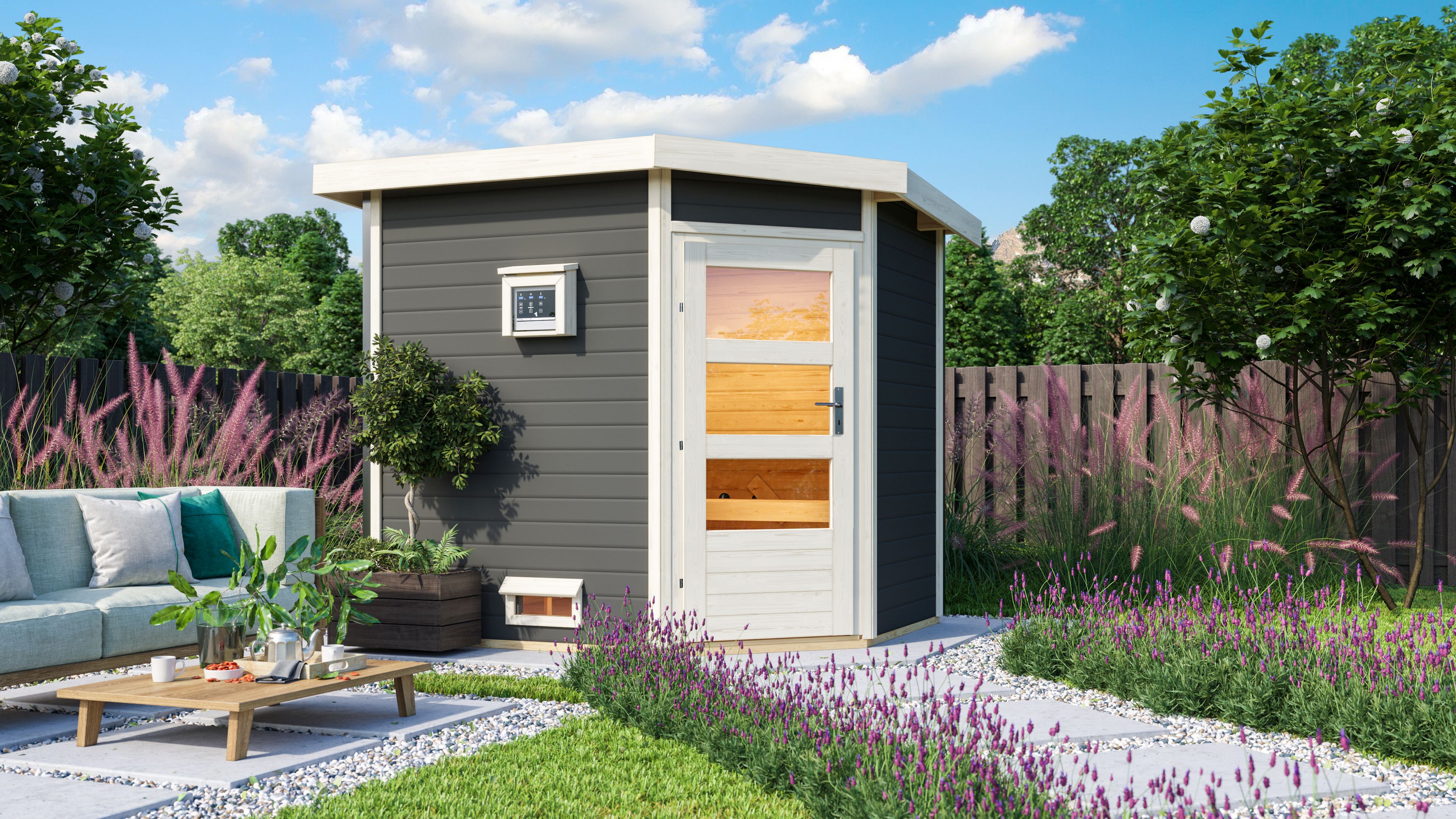 Karibu Gartensauna Pultdach Saunahaus Mikka mit Eckeinstieg terragrau inkl. 9-teiligem Gratis-Zubehörpaket im Wert von 137,95 €