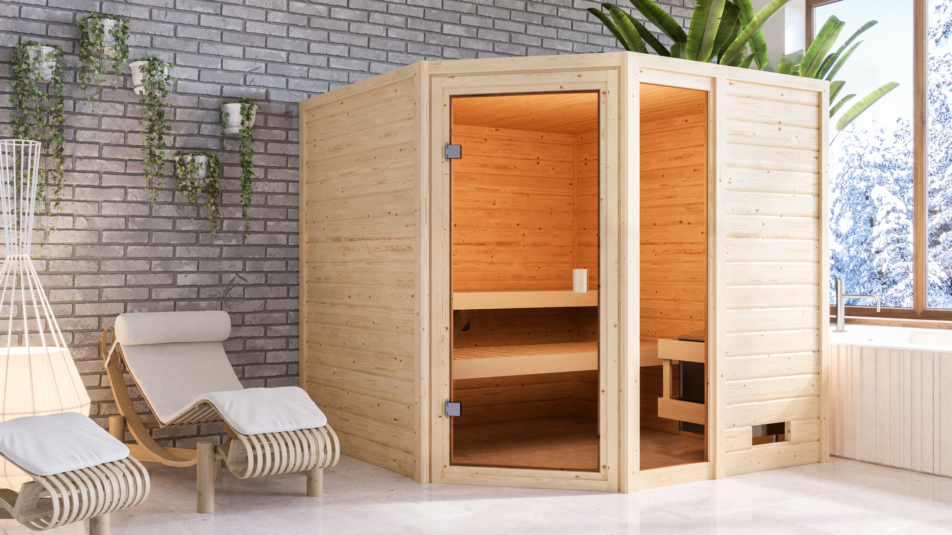 Karibu Woodfeeling Sauna Tabea - 38 mm Massivholz Aktionssauna inkl. 9-teiligem Gratis-Zubehörpaket im Wert von 137,95 €
