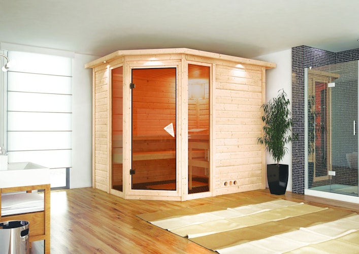 Karibu Sauna Sinai 3 - Massivholzsauna mit Eckeinstieg 38 mm inkl. gratis Saunaofen im Wert von 599,99 €