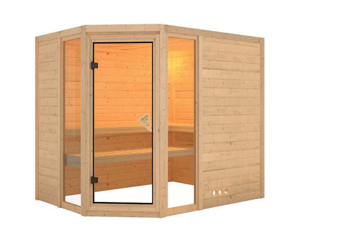 Karibu Sauna Sinai 3 - Massivholzsauna mit Eckeinstieg 38 mm inkl. gratis Saunaofen im Wert von 599,99 €